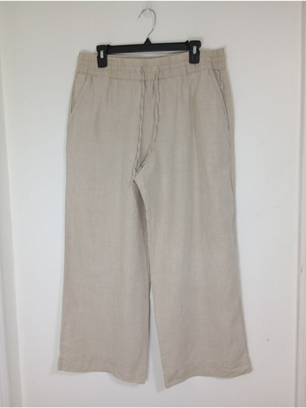 Tommy Bahama 100% Linen Wide-Leg Beige Pants L/G Elastic Waist Drawstring